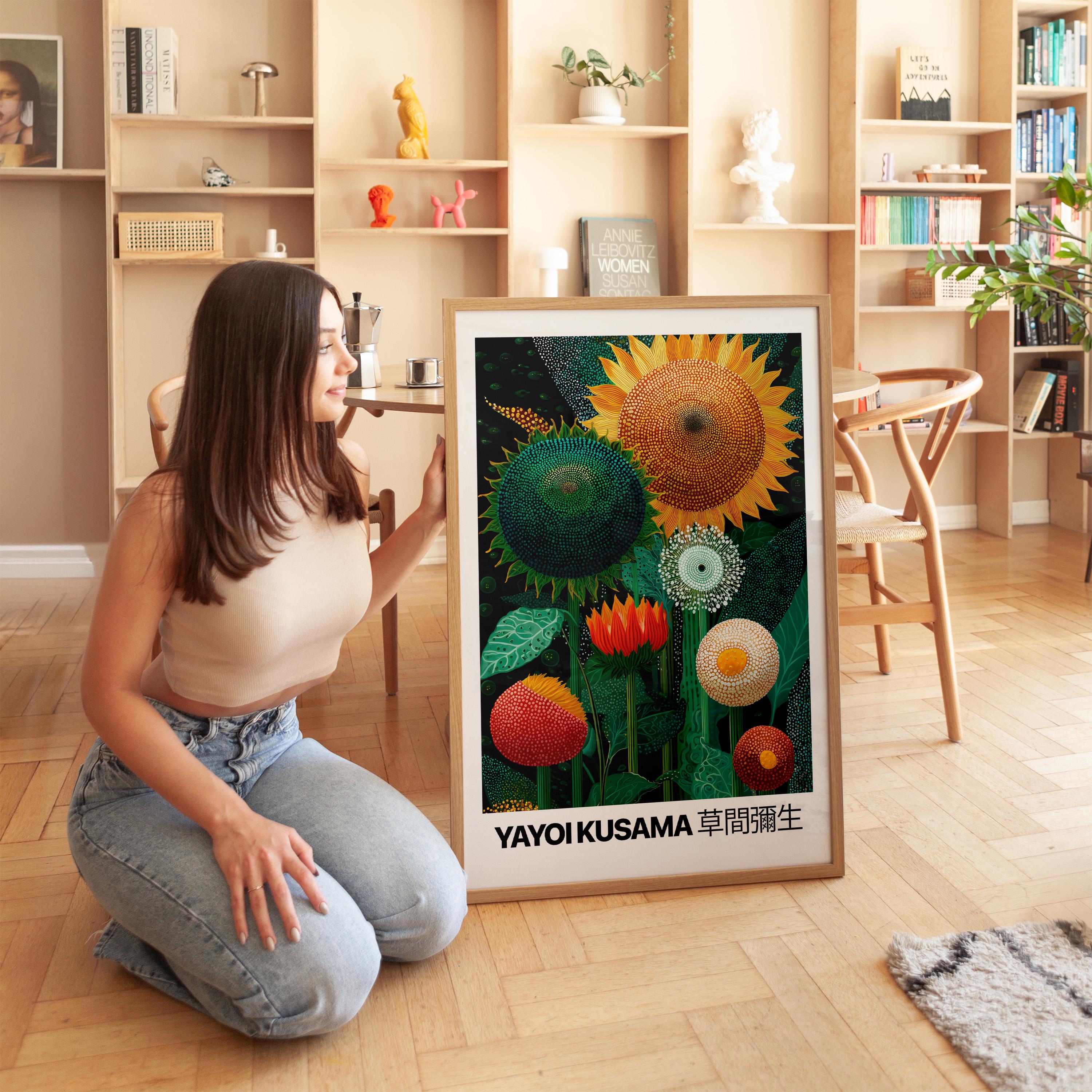 Japanese Sunflower Botanical Wall Art, Yayoi Kusama Inspired Floral Poster - 日本