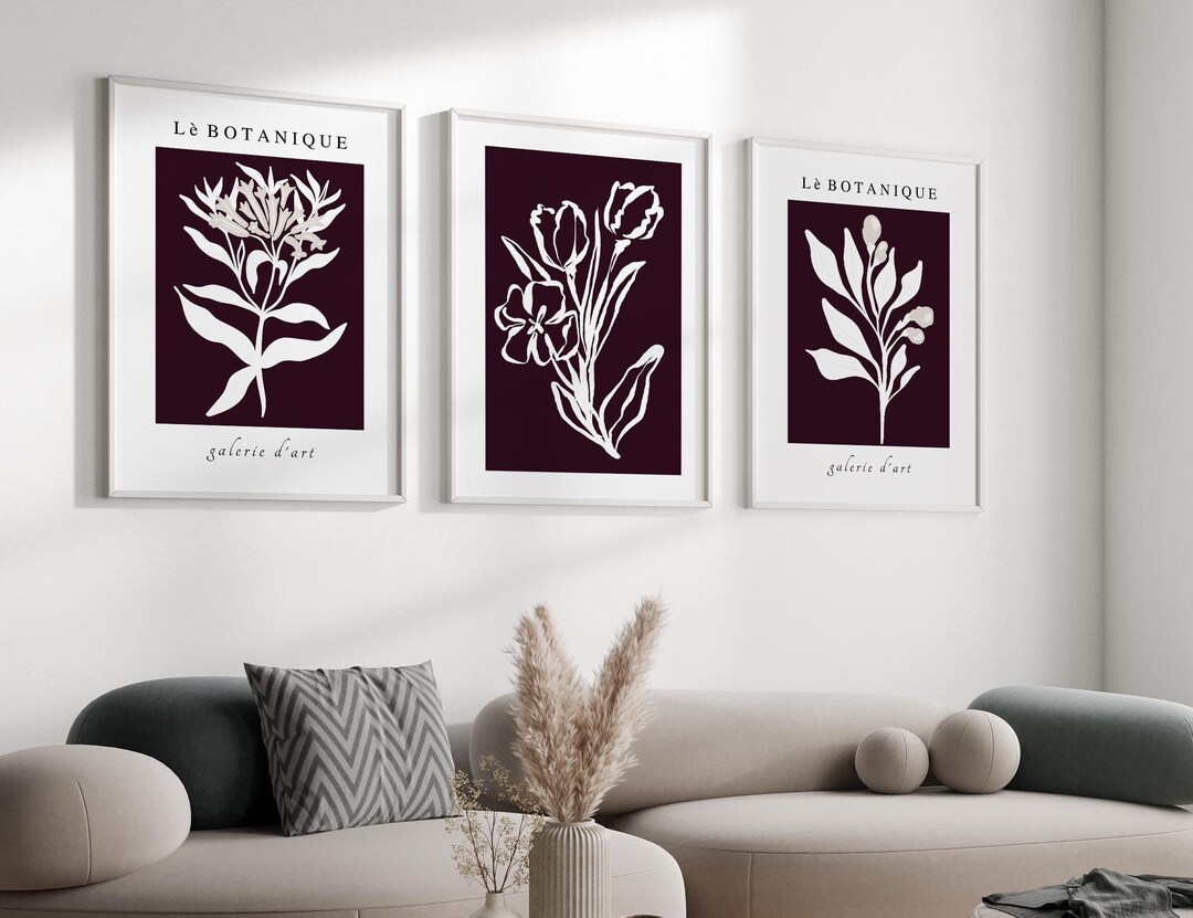 Set of 3 Burgundy Wall Prints - Framed Wall Art - Burgundy Wall Art ...