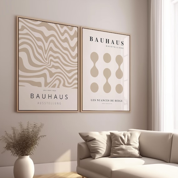 Set of 2 Neutral Bauhaus Abstract Poster, Beige Minimal