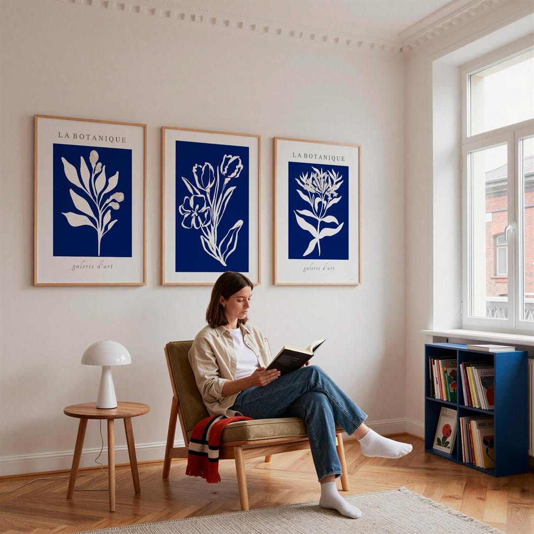 Set of 3 Blue Botanical Wall Art Print, Minimalist Floral Poster for ...