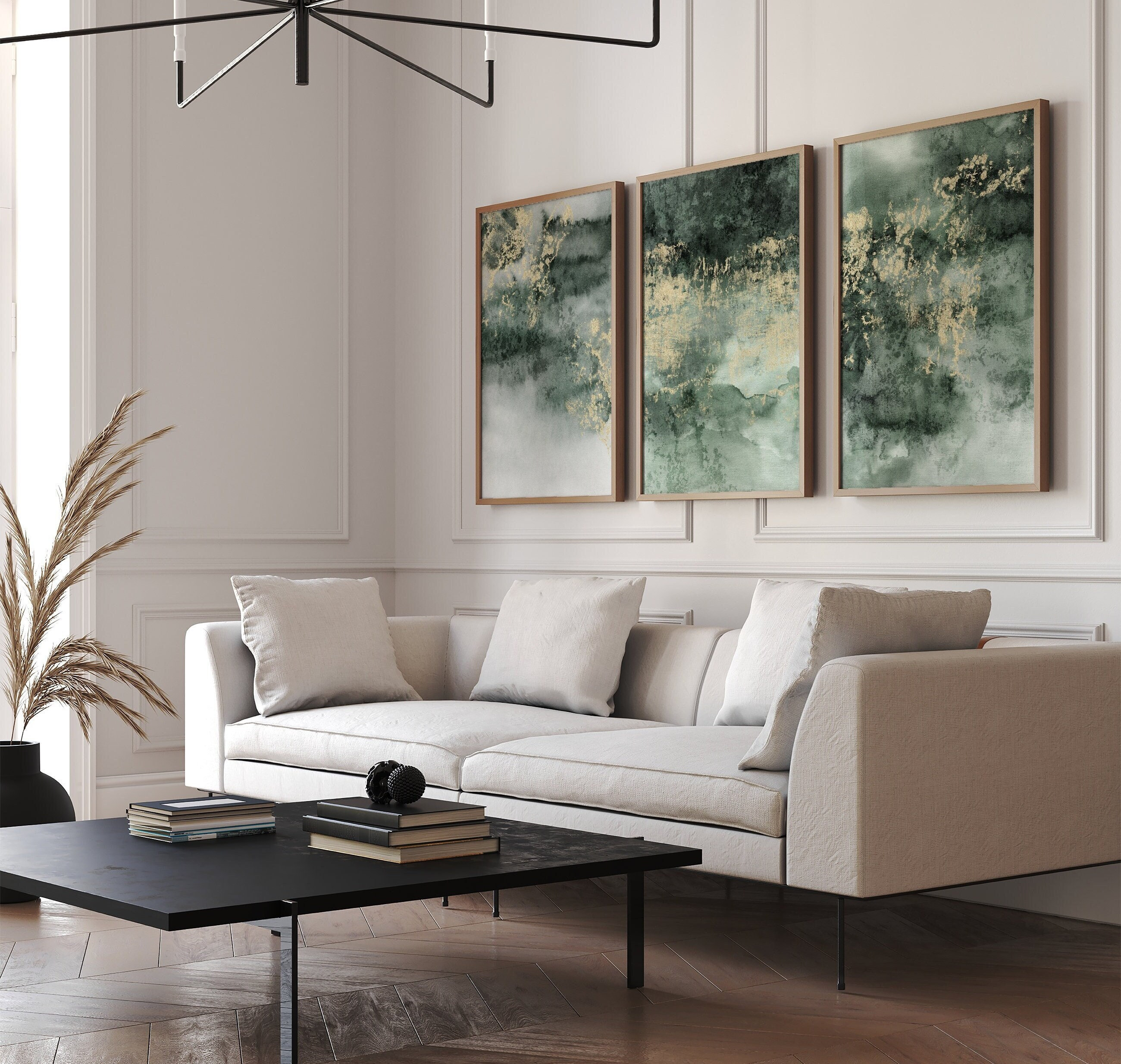Set of 3 Emerald Green Gold Abstract Wall Art, Moody Watercolor