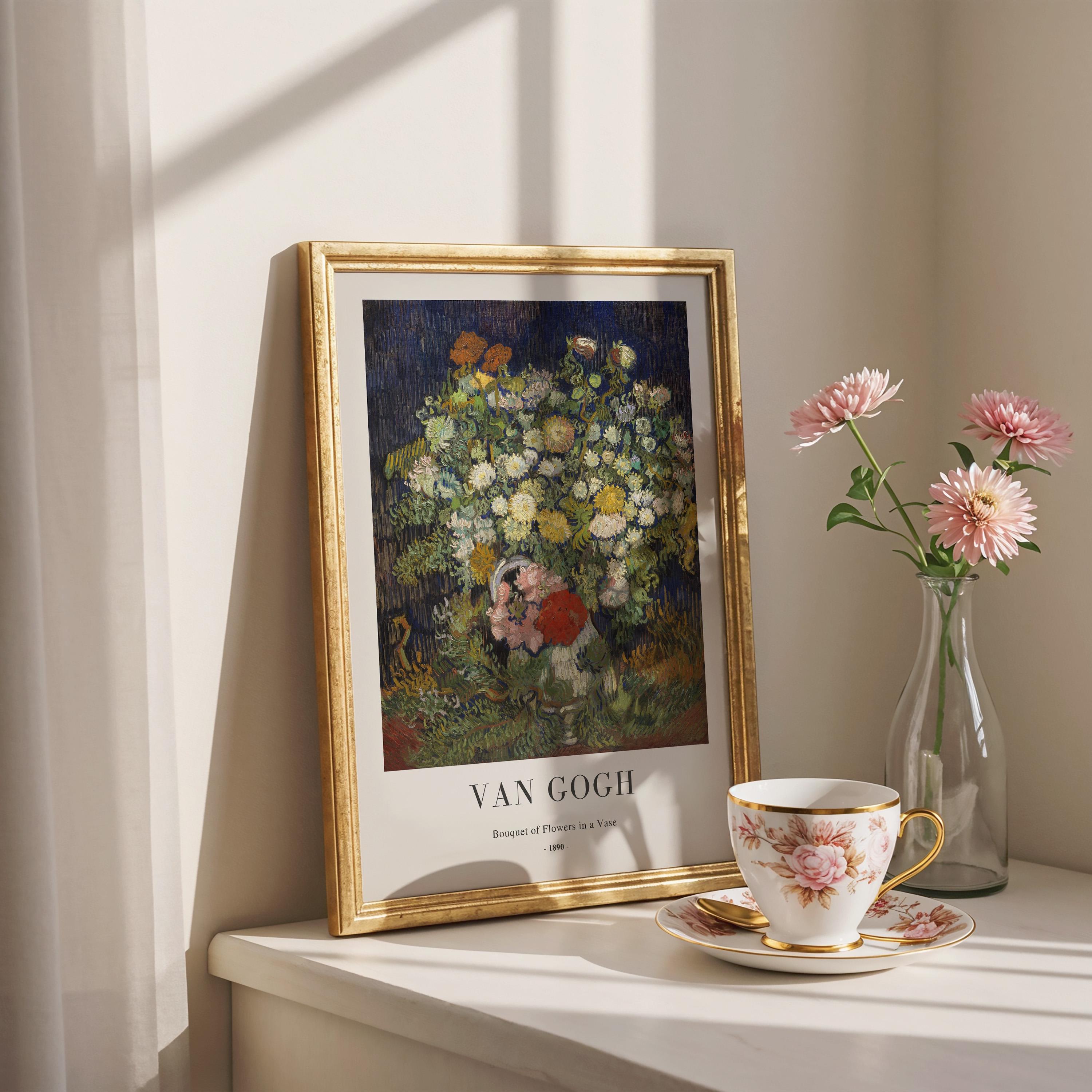 ゴッホ作「花瓶の花」の版画：ヴィンテージ植物静物画、額入りウォール