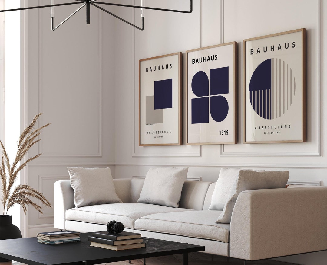 Bauhaus Posters Set of 3 Blue Framed Wall Art - Mid Century Modern ...
