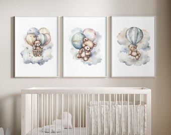 Teddy Bear Balloon Print Set: Nursery Wall Art
