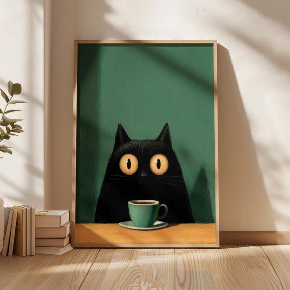 【コーヒーアート】ねこ Black Cat Drinking Coffee Print: Humorous Framed Wall Art - Etsy 日本