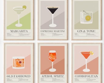 Cocktail Gallery Set of 6 Prints Printable, Bar Cart Prints, Espresso Martini Print,Gin and Tonic Print, Cocktail Prints,Aperol Spritz Print
