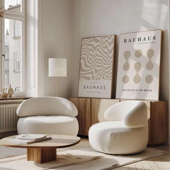 Set of 2 Neutral Bauhaus Abstract Poster, Beige Minimal