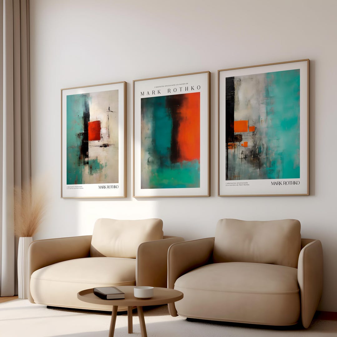 Set of 3 Mark Rothko Inspired Abstract Prints, Teal and Orange Modern ...