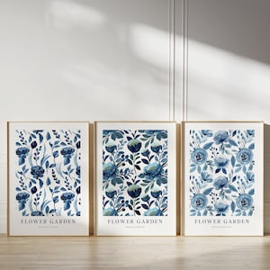 Conjunto de 3 impressões de flores azuis, arte de parede emoldurada, impressões botânicas, conjunto de parede de galeria, arte de parede de flores, impressão de mercado de flores, arte de parede azul