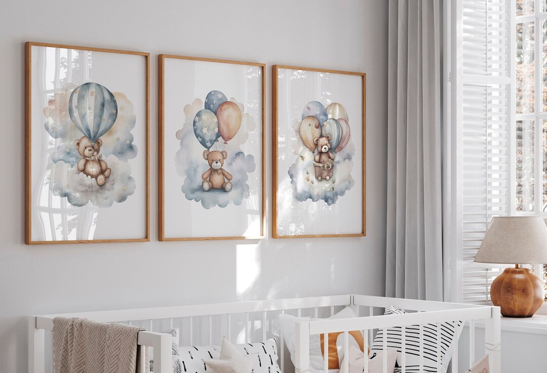 Teddy Bear Balloon Print Set: Neutral Nursery Wall Art - Etsy
