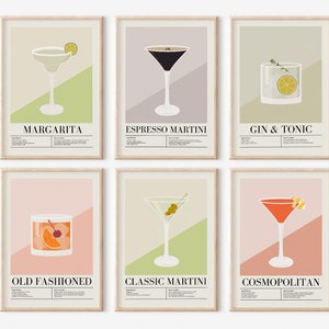 May include: Set of six printable cocktail posters with illustrations of different cocktails, including a margarita, espresso martini, gin and tonic, old fashioned, classic martini, and cosmopolitan. Each poster features the name of the cocktail in black text and a light background colour.