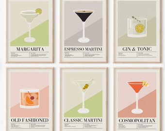 Printable Bar Cart Prints Set of 6, Espresso Martini Print, Alcohol Poster, Gin and Tonic Print, Cocktail Prints, Aperol Spritz Print
