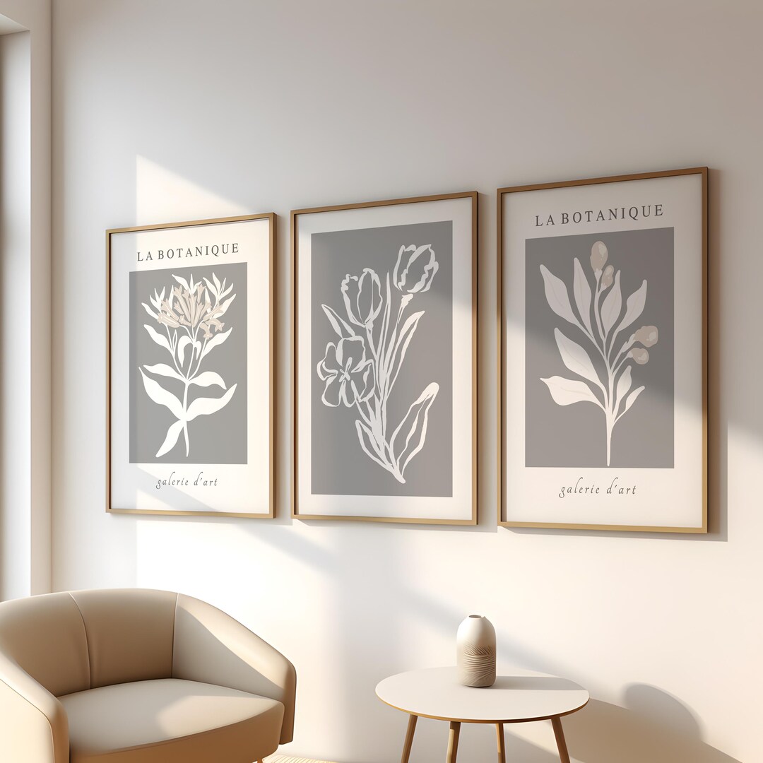Set of 3 Gray Botanical Prints - Modern Framed Wall Art - Etsy