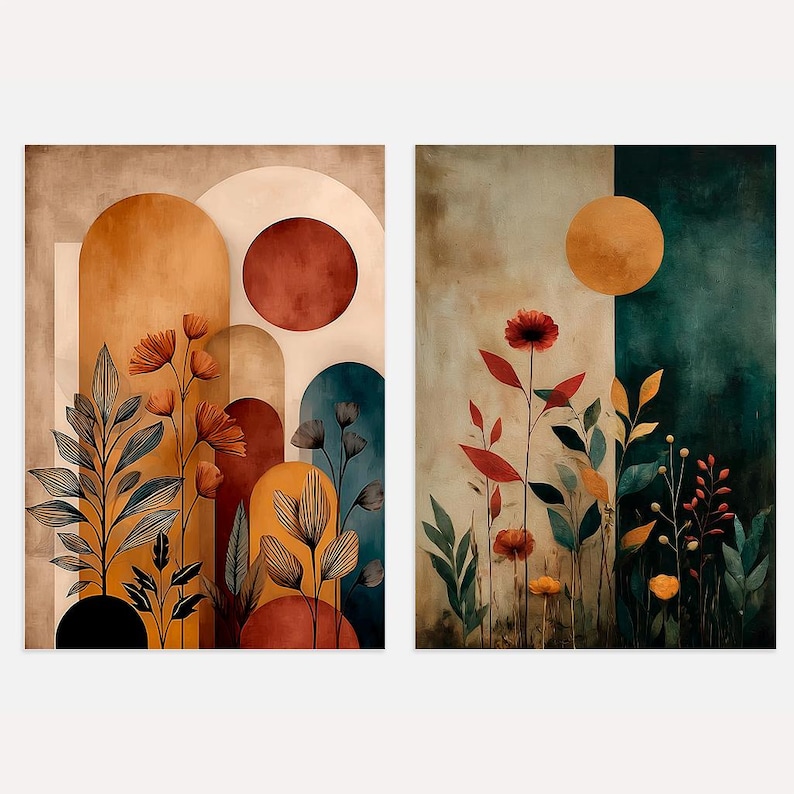 Puede incluir: Dos l&aacute;minas de arte abstracto con temas bot&aacute;nicos. La l&aacute;mina izquierda tiene formas de arco en tonos dorados, rojos y azules, con flores y follaje estilizados. La l&aacute;mina derecha muestra un sol y flores en rojo, amarillo y verde sobre un fondo verde azulado y beige.