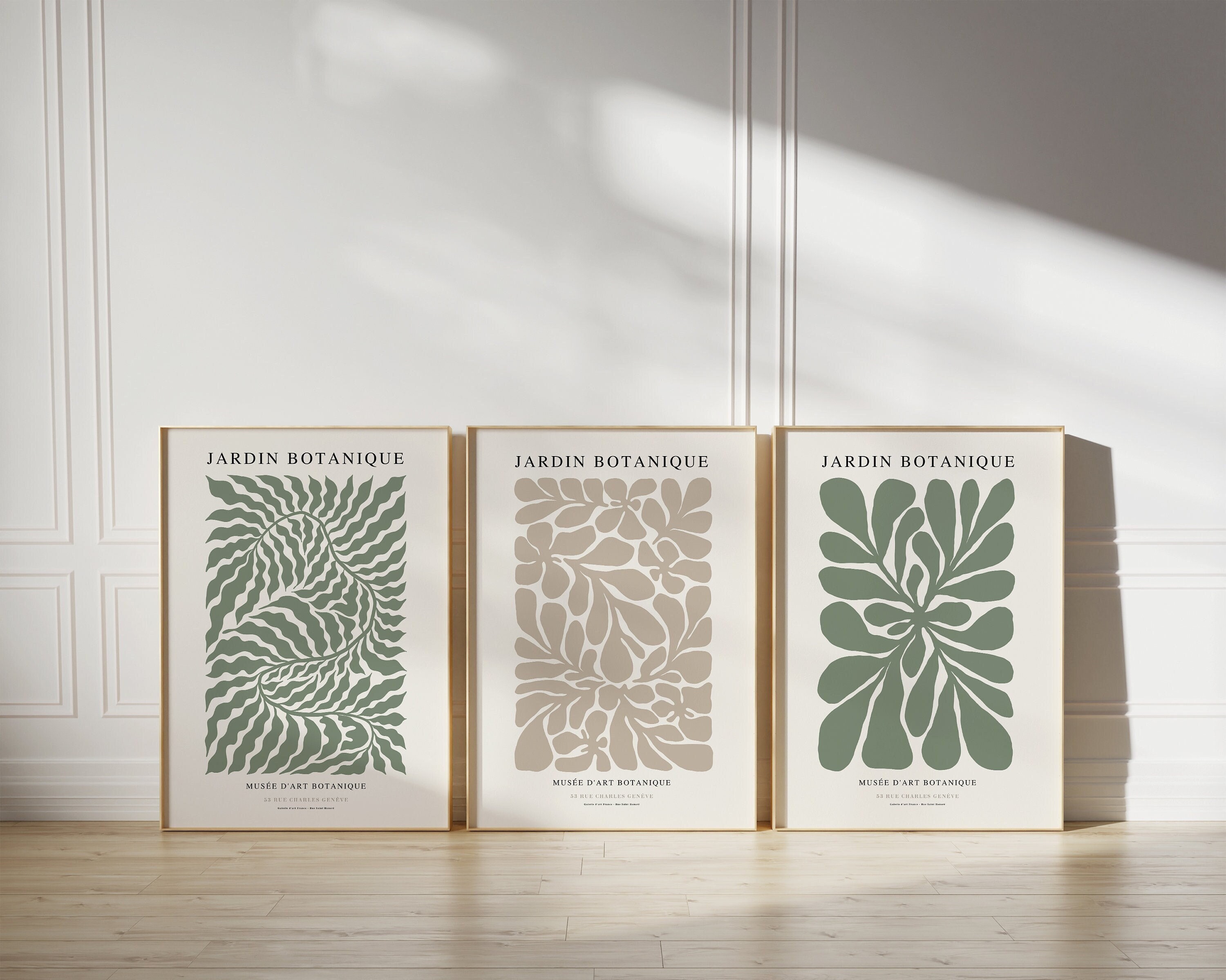 Set of 3 Botanical Prints, Jardin Botanique, Floral Wall Art, Botanical Wall Art, Green and Beige Colors, Boho Wall Art, DIGITAL DOWNLOAD