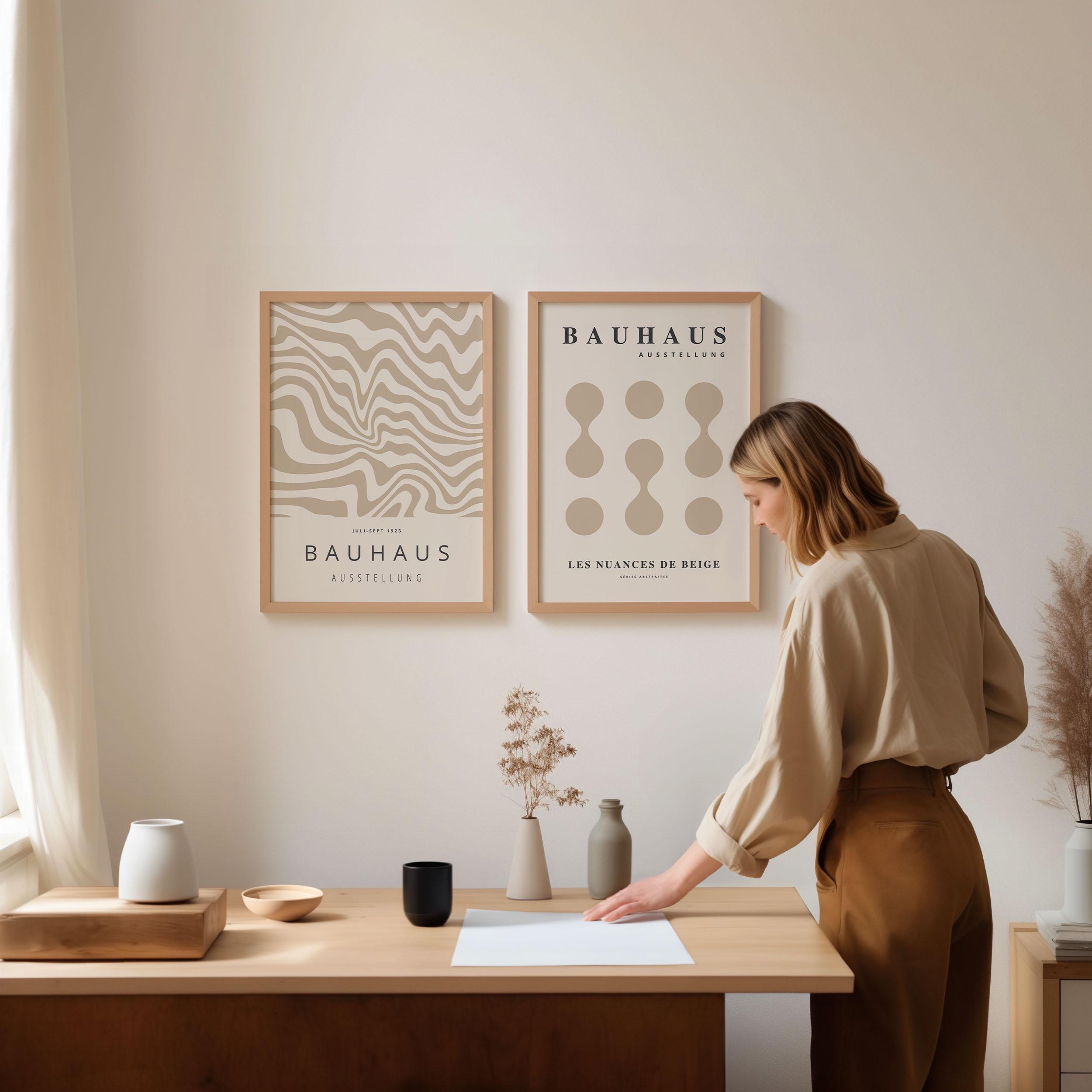 Set of 2 Neutral Bauhaus Abstract Poster, Beige Minimal