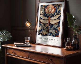 Dragonfly Print with Ornamental Floral Details in William Morris