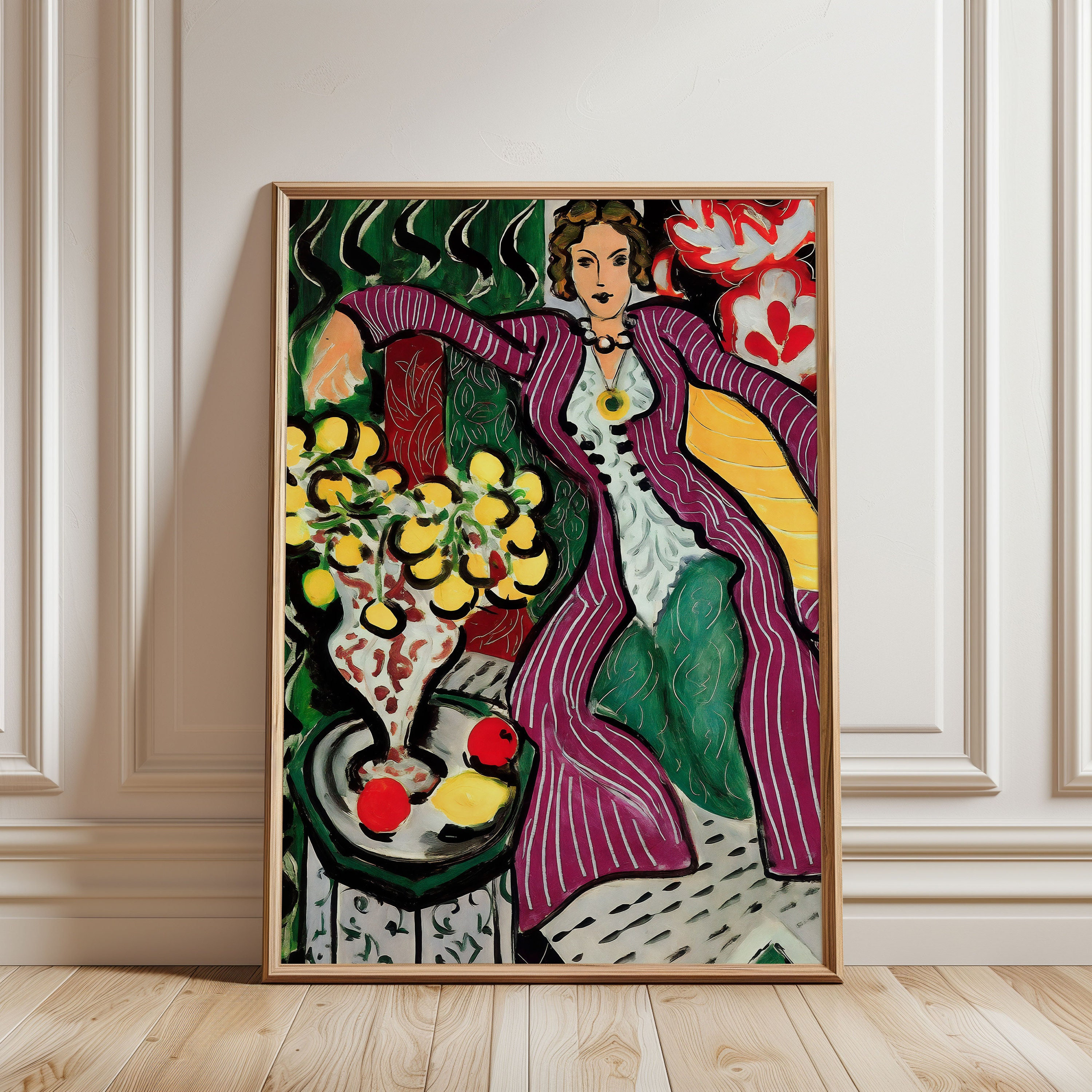 アンリ・マティス作「紫のコートを着た女性」の版画：額入り美術館級の