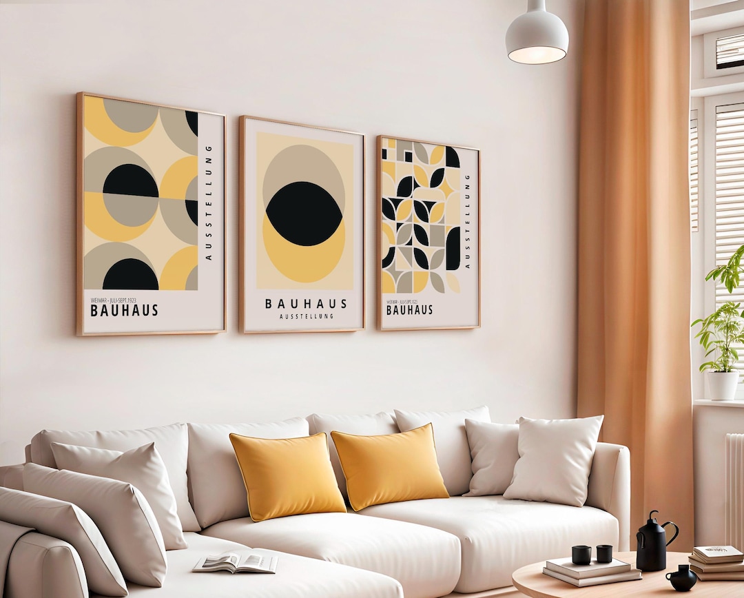 Set of 3 Bauhaus Geometric Wall Art Print, Mid Century Modern Abstract ...