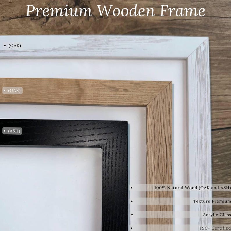 Puede incluir: Primer plano de tres marcos de fotos de madera en blanco, roble natural y negro. Los marcos est&aacute;n etiquetados como roble y fresno, con el texto "Premium Wooden Frame" en la parte superior. Caracter&iacute;sticas: madera 100% natural, textura premium y vidrio acr&iacute;lico.