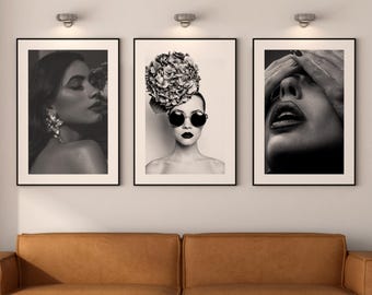 Set of 3 Black and White Fashion Portrait Print, Modern Glam Wall Art