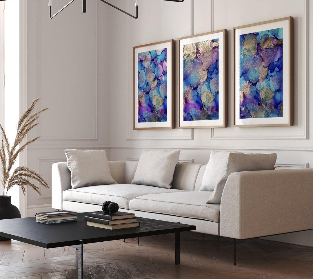 Blue and Gold Wall Art Set of 3 Prints, Wall Decor Over the Bed, Modern