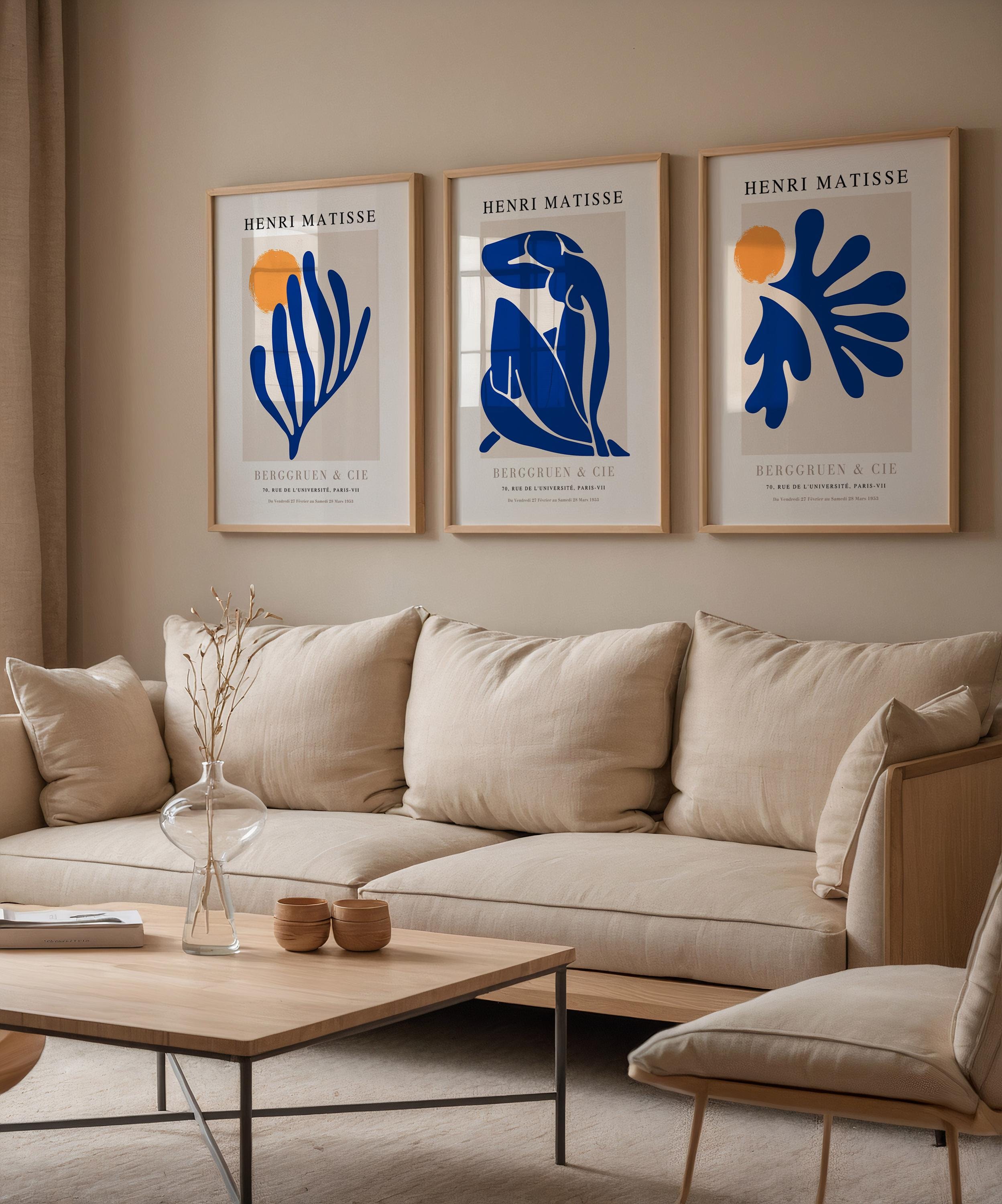 Set of 3 Blue Matisse Prints - Framed Wall Art - Matisse Nu Bleu - Mid Century Modern - Papiers Decoupes