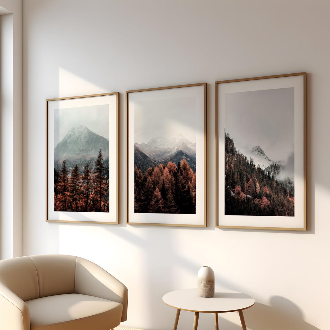 Misty Mountain Forest Print Set of 3, Scandinavian Landscape Wall Art ...