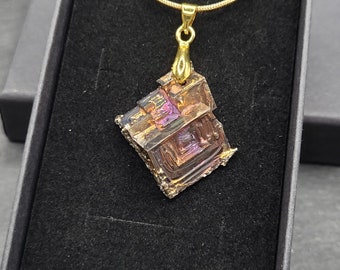 Handmade bismuth crystal gemstone with chain - unique - made in Germany - gift rainbow