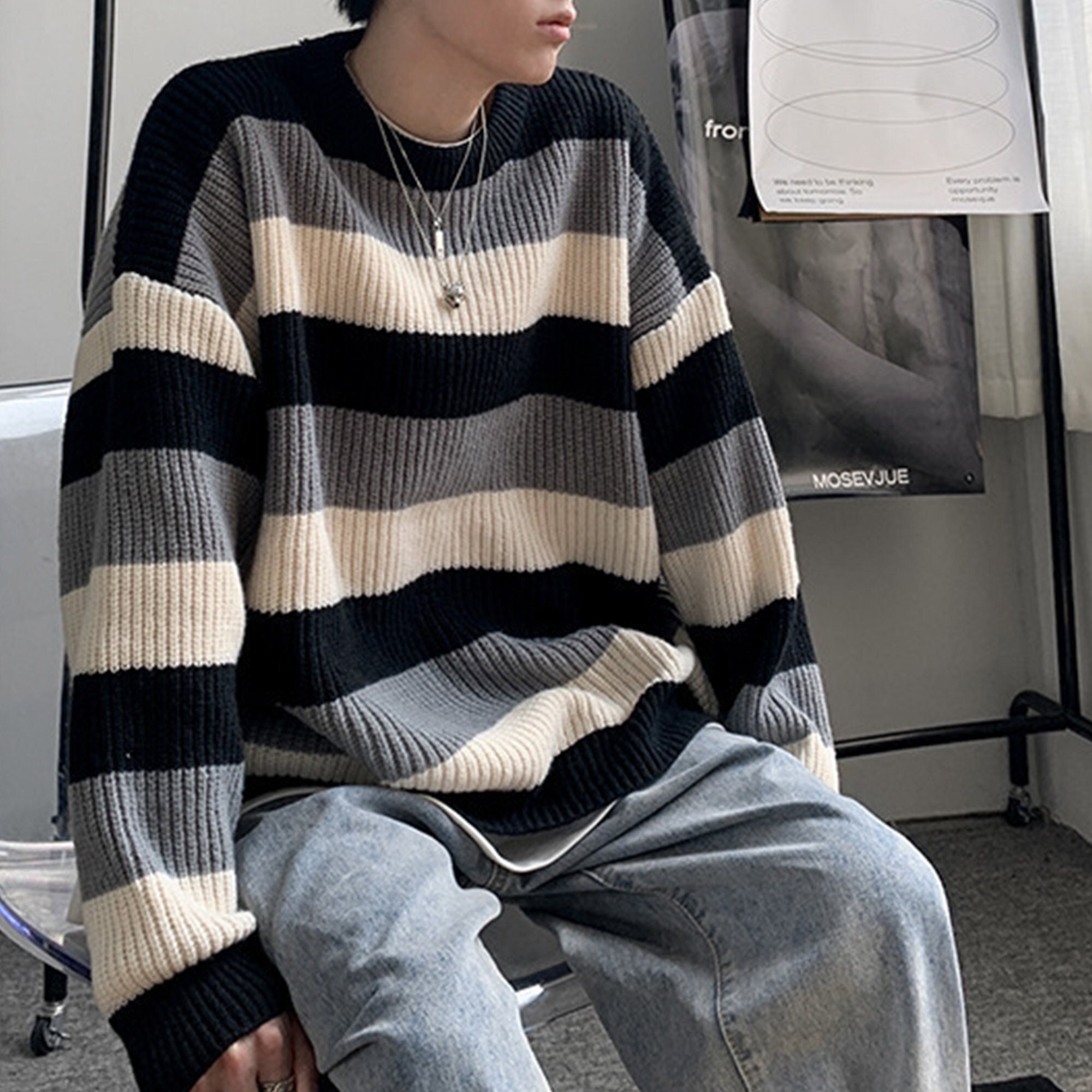 Men Loose Knit Sweaters Vintage Striped Pullover Sweaters Etsy UK