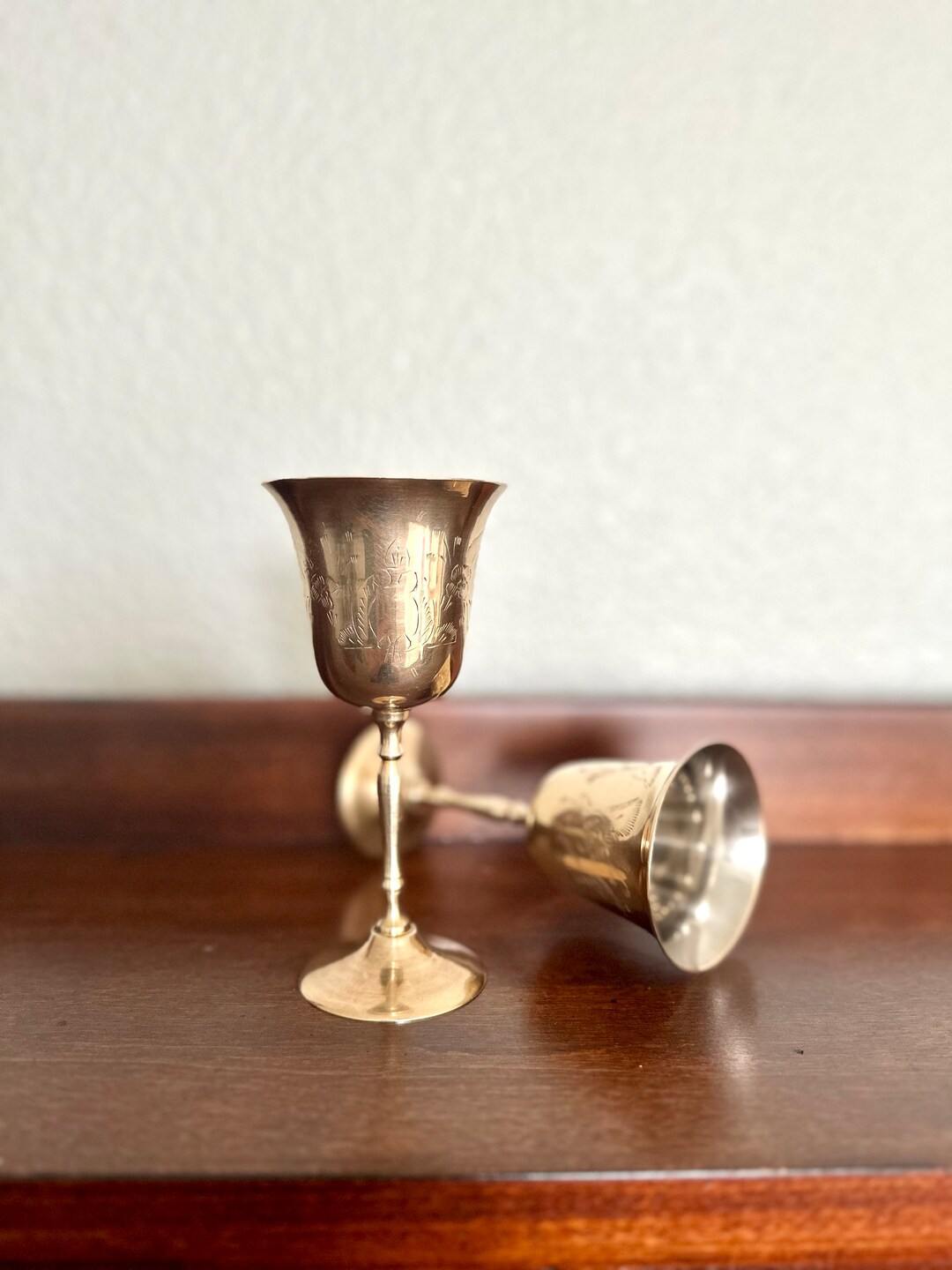 Pair of Etched Brass Wine Goblets Etsy