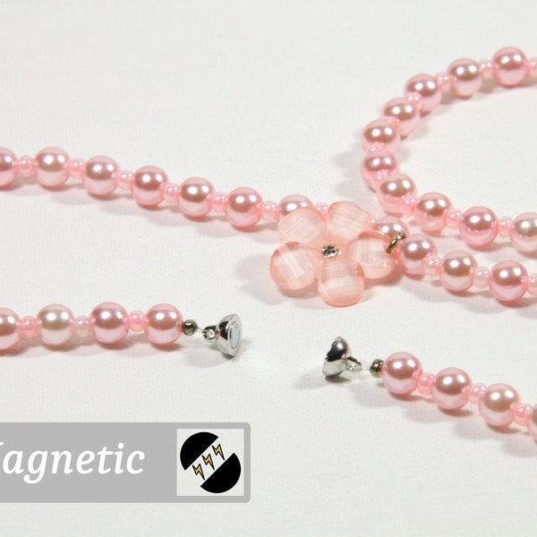 Pink Pearl Bead Necklace & Bracelet Set with Magnetic Clasp