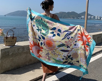 Blue Floral Patterned Large Bikini Wrap Swimwear Beach Scarf Cover Up Sarong