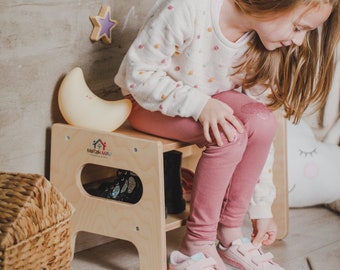 Sgabello portascarpe in legno Montessori: organizer per l'ingresso dei bambini