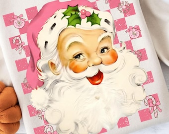 Checkered Pink Retro Santa PNG, Christmas Sublimation (SVG, PNG)