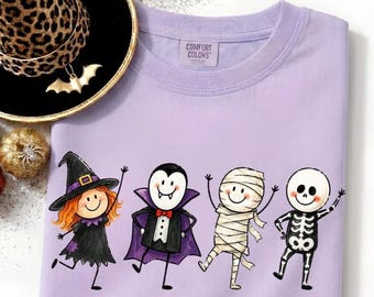 Happy Halloween Doodles PNG: Cute Spooky Season Halloween Design, Smiling Doodles, Vampire Mummy Witch Skeleton Characters