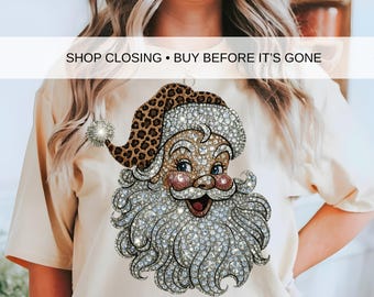Retro Leopard Santa Rhinestone Png, Crystal Mosaic Holiday Sublimation, Bling Christmas Png, Jeweled Santa Claus Png, Sparkle Xmas