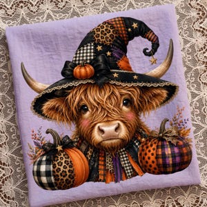 Halloween Highland Cow PNG: Patchwork Witch Hat,Halloween Pumpkin Sublimation Design, Rustic Quilt Clipart Digital Download