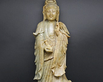 statue chinoise vintage (1950), statue rare de Bouddha Guanyin en stéatite, sculpture religieuse sculptée à la main