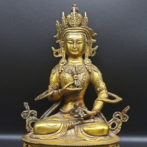 Bronze chinese statue of Buddha from Tibet. 1960, vintage. Gold plated Vajrasatva Buddha, asian religious artistic sculpture