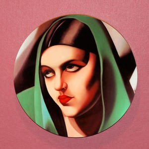 The Green Veil by Tamara De Lempicka Wooden Wall Plaque Circle 8x8 - Handmade Vintage Fine Art Deco Feminist Wall Art Décor