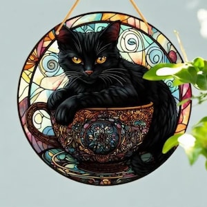 Black Cat Sun Catcher 8x8 Inch, Acrylic Holiday Gift, Window Ornament, Cat Lover Gift Idea