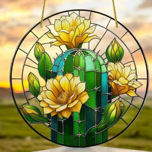 Cactus Stained Acrylic Suncatcher 9x9, Desert Wall Decor, Southwest Window Hanging, Green Cactus Art