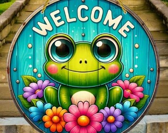 Inspirational Frog Theme Welcome Sign, Aluminum Round Sign, 5.9 inches, Unique Home Decor