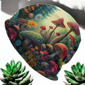 Beanie Mushroom Print, Psychedelic Hat, Mushroom Beanie, Festival Beanie, Trippy Hat, Unique Gift, Mushrooms