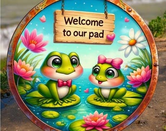 Vintage style Aluminum Frog Couple Sign, Decorative Plaque 5.9"x5.9, Retro Home Decor, Garden Wall Art