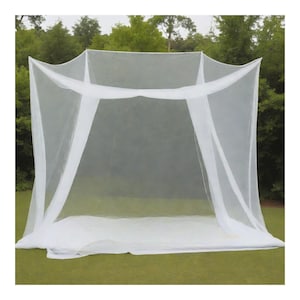 May include: A white mosquito net canopy with a square frame. The net is suspended from the frame and hangs down to the ground. The net is made of a fine mesh material and is designed to keep insects out.