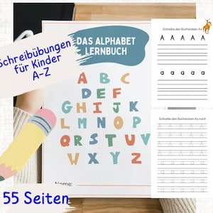 Ejercicios de escritura ABC de 55 páginas, libro de aprendizaje de letras, aprender a escribir preescolar, imprimir plantilla del alfabeto como archivo de descarga (PDF)