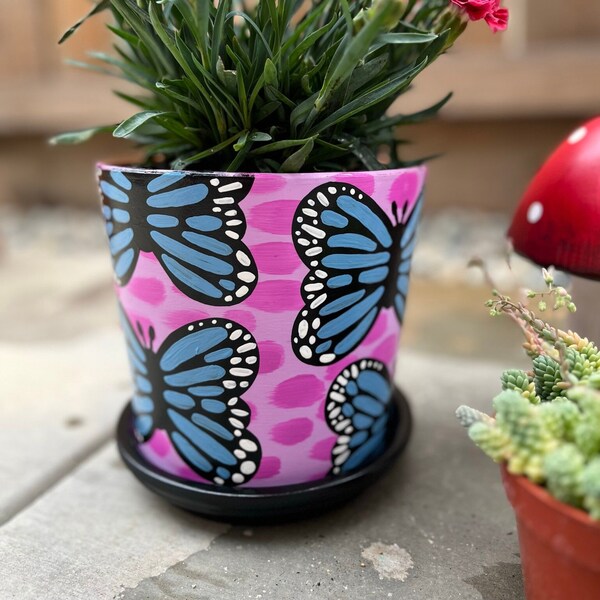 Butterfly High | Handpainted Planter | butterfly flower pot, succulent pot, garden planter, flower pot, gardening gifts, colorful planter