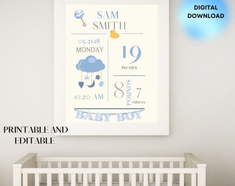 Baby Birth Stats Baby Announcement Newborn Gift Printable Nursery Decor Personalized Baby Frame Digital Baby Stats Template Baby Wall Decor